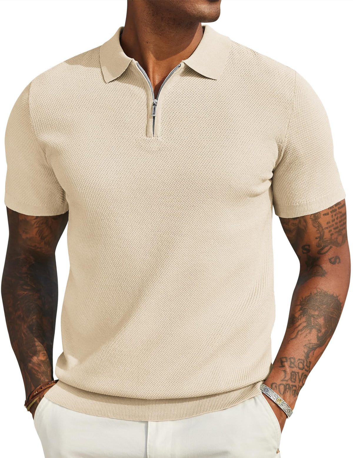 COOFANDY Mens Quarter Zip Up Polo Shirts Casual Knit Polo Shirt Slim Fit Short Sleeve Shirts Khaki