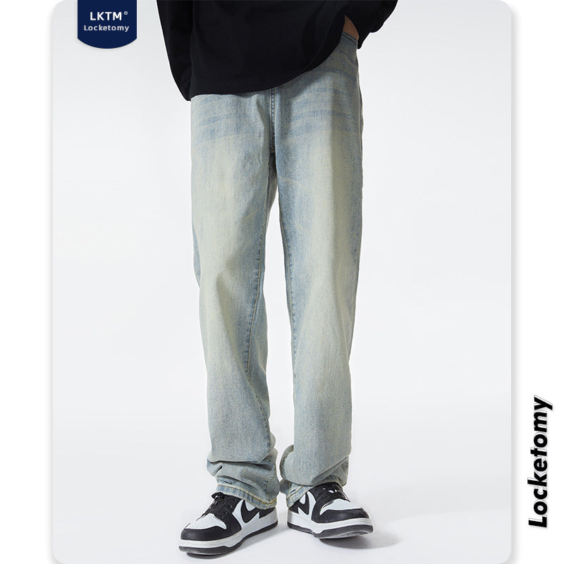 LKTM Men's Yellow Retro Loose Straight Wide-leg Jeans